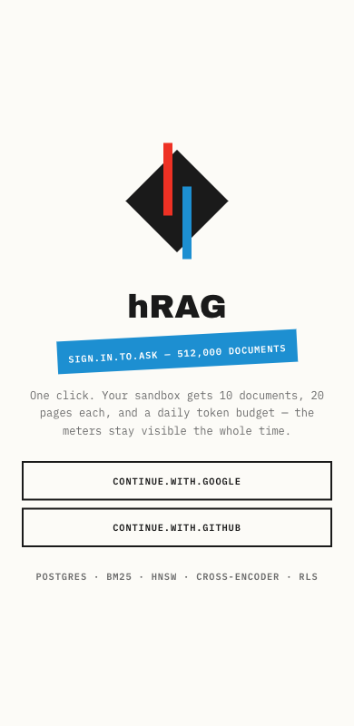 hRAG sign-in screen with Google and GitHub buttons and quota promise